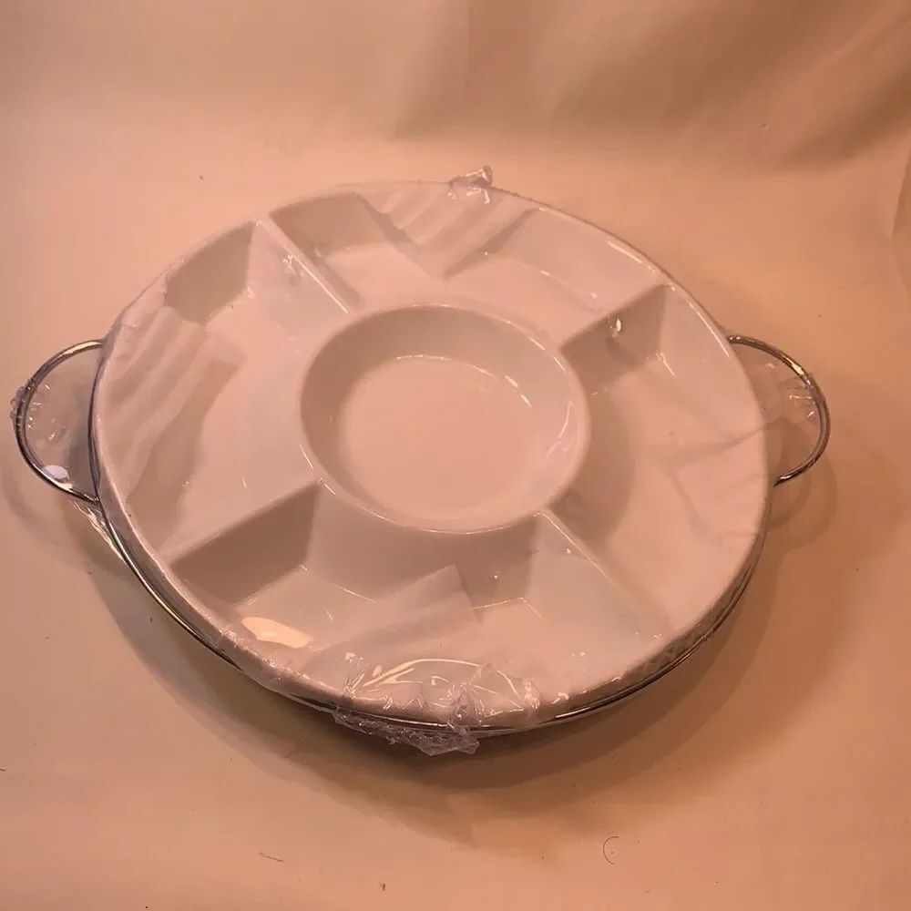 5 Section Serving Tray White Appetizer Relish Silver Hardware 12 Inches Round